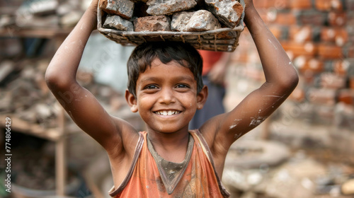 smiling indian boy holding a basket with stones above his head at a construction site, day against child labour, banner photo