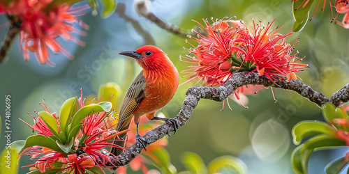 The I'iwi is an endemic bird of the Hawaiian Islands. This honeycreeper feeds on Mamane blossoms in Hosmer Grove at high elevation on Maui photo