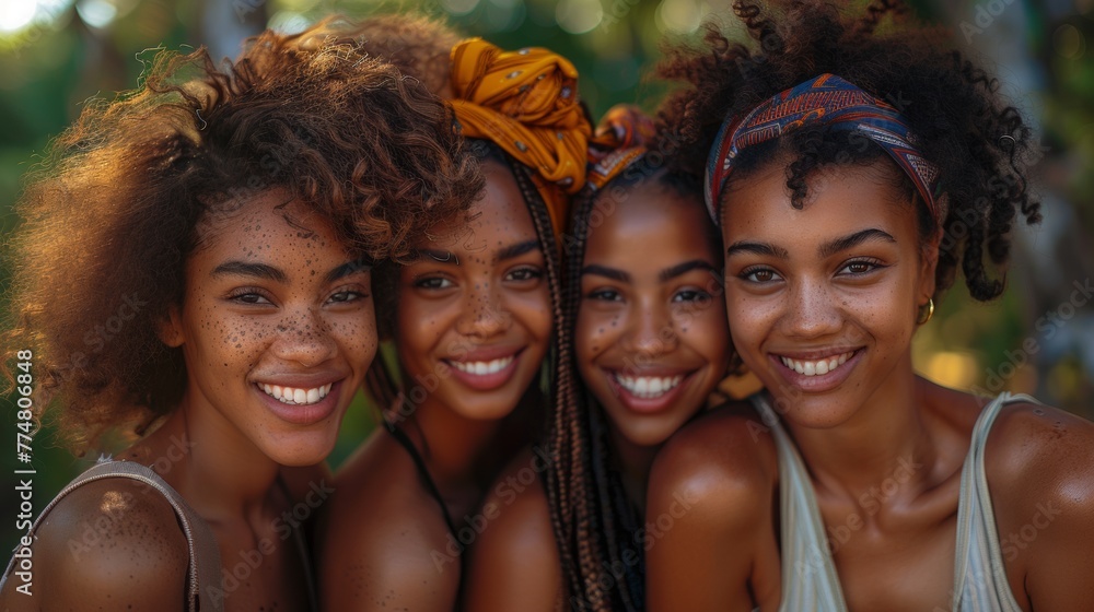 Fototapeta premium Outdoor portrait showcasing happiness, friendship, and beauty among four young African American women smiling and embracing each other.