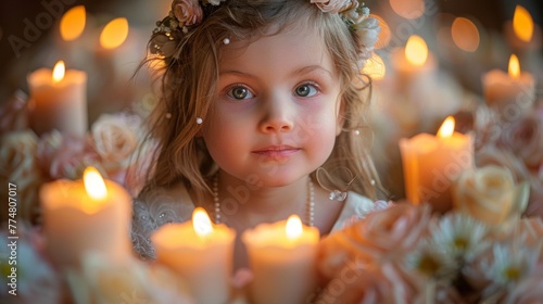 Close-up of a young girl's hands holding candles surrounded by flowers, symbolizing purity and celebration of a first holy communion.