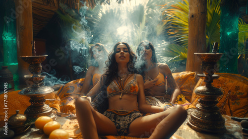 A group of Indian friends relax in an opulent lounge area, surrounded by smoke from a hookah, conveying a sense of luxury, relaxation, and camaraderie.