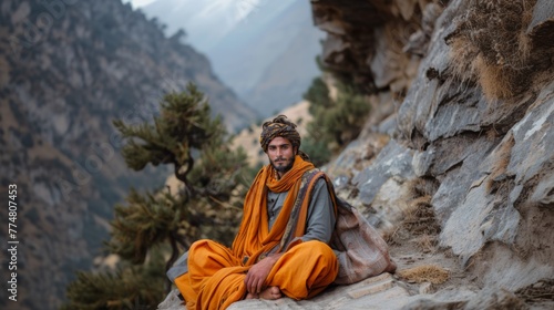 A serene Pakistani Pathan man wearing vibrant traditional clothes rests against a rocky backdrop with lush greenery. photo