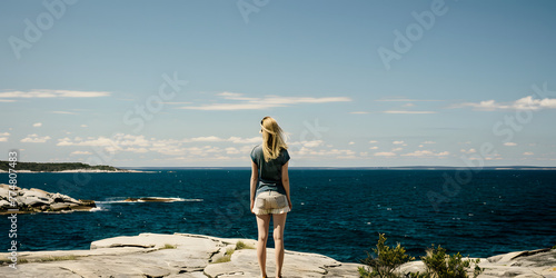 Mulher na beira de um penhasco contemplando o vasto oceano