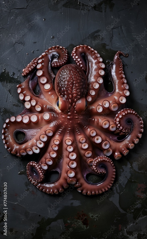 Obraz premium Top view of fresh octopus on a dark background, leaving space for text, this high resolution photographic stock photo is in the style of space for text