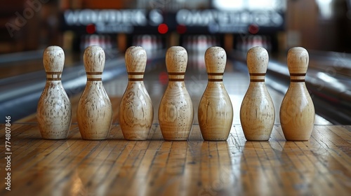 A perfect lineup of ten white bowling pins standing on a wooden bowling alley lane, ready for a strike. photo