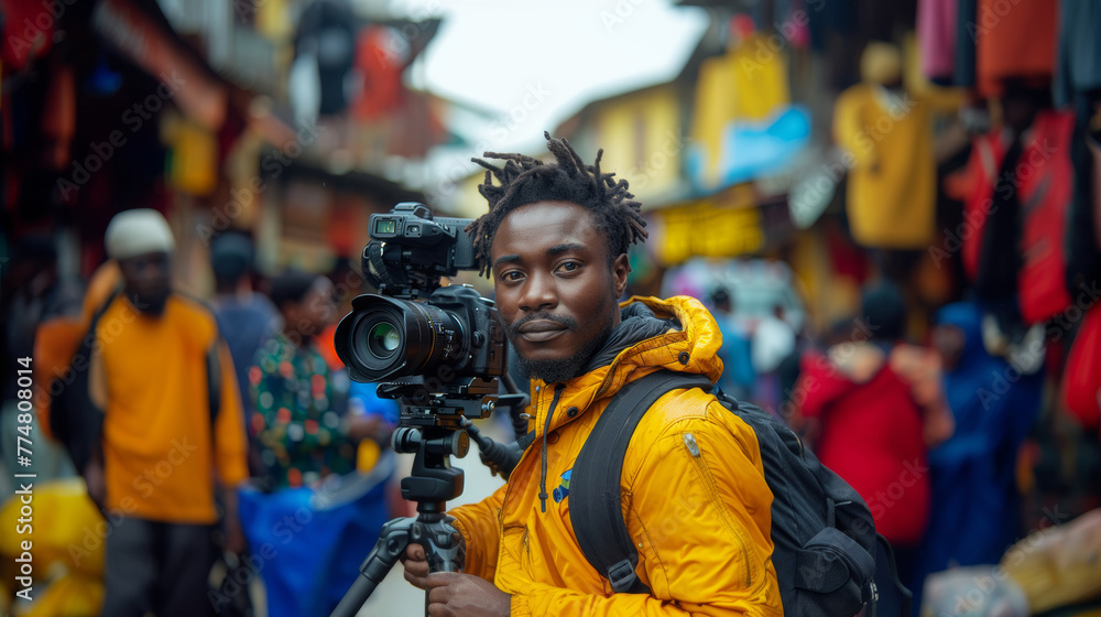 A young professional African American videographer capturing moments in a vibrant street market full of life and color.