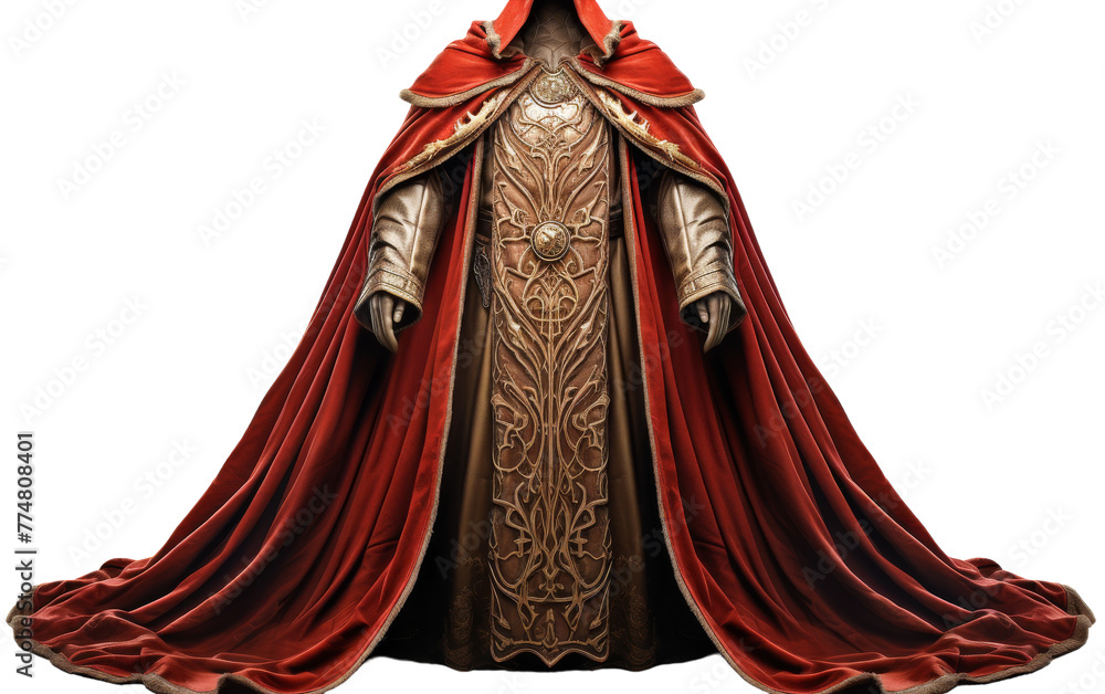 A regal statue of a man adorned in vibrant red and shining gold attire A regal statue of a man adorned in vibrant red and shining gold attire