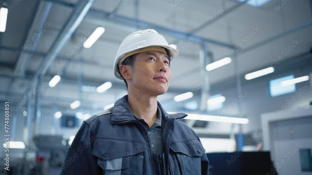 Portrait of an Asian Engineer Standing in a Factory, Looking Around the Facility. Industrial Specialist Working at an Autonomous Electronics Manufacture, Producing Modern Computer Components Portrait of an Asian Engineer Standing in a Factory, Looking Around the Facility. Industrial Specialist Working at an Autonomous Electronics Manufacture, Producing Modern Computer Components