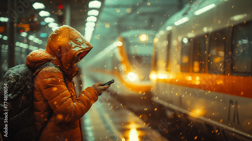 A passenger checks the train list on his phone while waiting on the station platform.