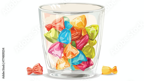 Glass cup with candies in colorful wrappers isolated