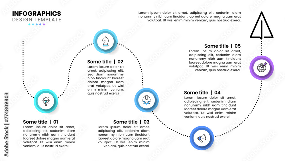 Obraz premium Infographic template. Paper plane with path and 5 circles