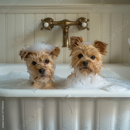 two yorkies in a large vintage tub, bubbles overflowing, pink balloons. ai generated