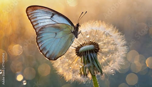 Morning Glow: Dandelion Seeds, Drops of Water, and Morpho Butterfly in Natural Pastels"