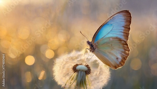 Morning Glow: Dandelion Seeds, Drops of Water, and Morpho Butterfly in Natural Pastels"