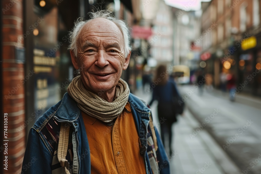 Portrait of a smiling senior man in a city street. Old people. Portrait of a smiling senior man in a city street. Old people.