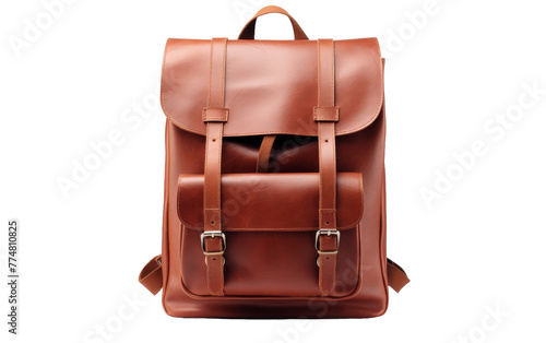 A luxurious brown leather backpack stands out against a clean white background photo