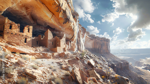 Ancestral Puebloan cliff dwellings perched high above the canyon floor photo