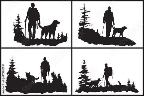 Silhouette of vector man and dog on a white background