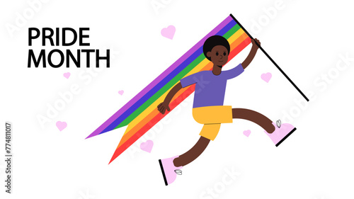 a guy with a rainbow flag, the inscription "Pride month", pride, LGBT+