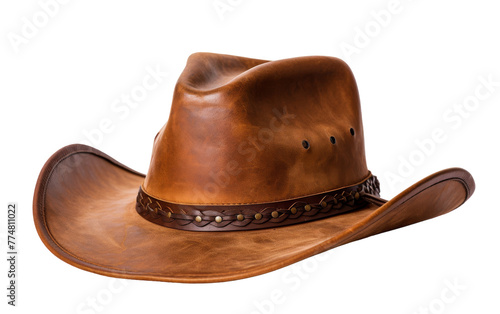 A stylish brown cowboy hat featuring a rugged leather band against a neutral background