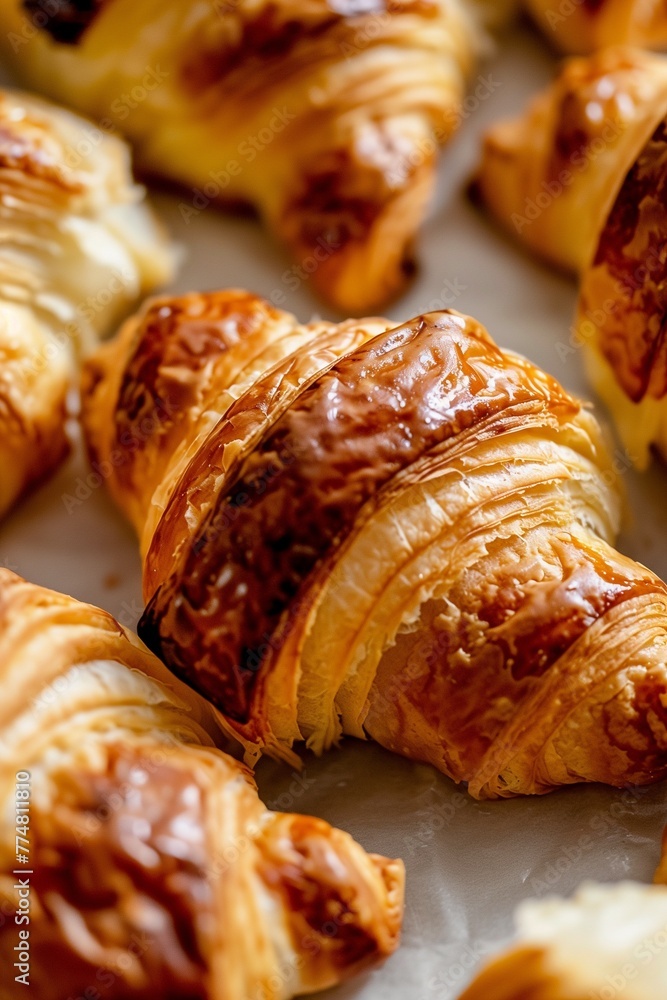 Closeup of freshly baked croissants, highlighting their golden brown crust and flaky texture, shot from above with a macro lens for sharp detail capture in natural light at high resolution
