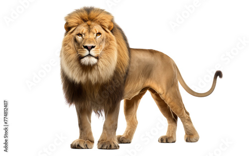 A powerful lion standing confidently on a white background