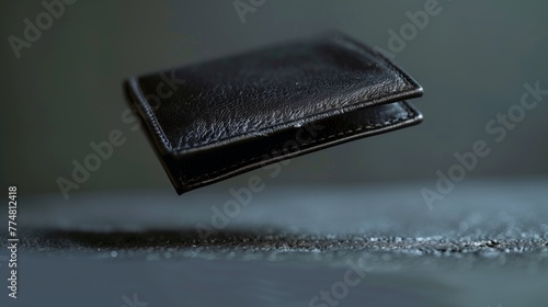 A black leather wallet is floating in the air photo