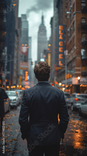 A business man in a suit walks along a city street, viewed from the back.