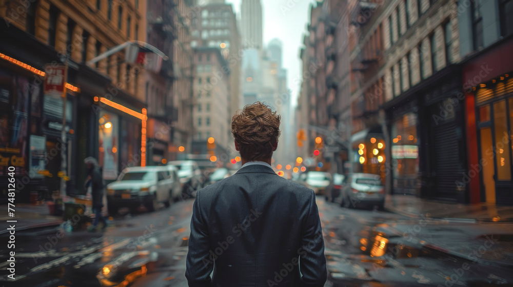 A business man in a suit walks along a city street, viewed from the back.