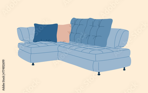 Blue comfortable sofa with pillows in modern style. Soft furniture element for cozy home interior. Hand drawn vector illustration isolated on light background, flat cartoon style.