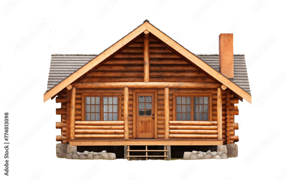 A cozy, small log cabin with a porch and windows nestled in a picturesque forest setting A cozy, small log cabin with a porch and windows nestled in a picturesque forest setting