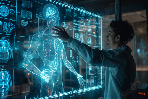 science, medicine, technology and people concept - close up of male scientist or doctor with x-ray scan of human body over virtual screen background. 