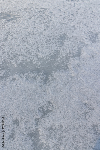 the ice-covered surface of the river in the winter season