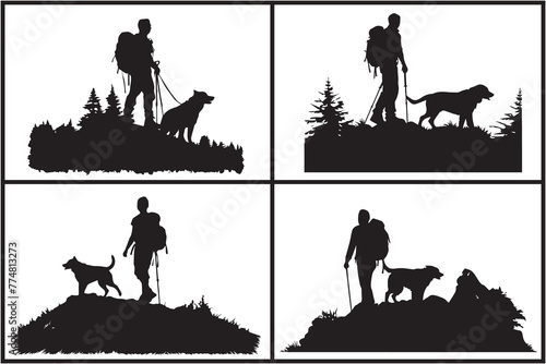Silhouette of vector man and dog on a white background