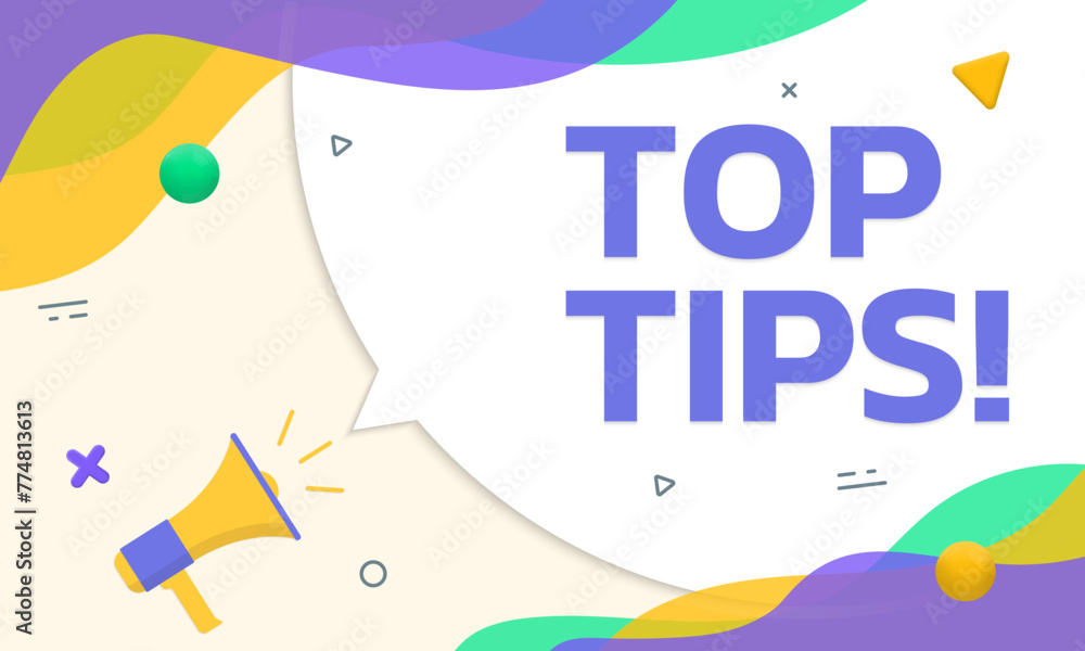 Top tips text card, banner with megaphone, speech bubble and abstract background. Vector illustration. Top tips text card, banner with megaphone, speech bubble and abstract background. Vector illustration.