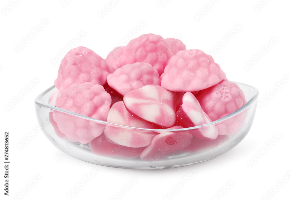 Yummy candies in glass bowl isolated on white Yummy candies in glass bowl isolated on white