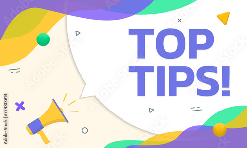 Top tips text card, banner with megaphone, speech bubble and abstract background. Vector illustration. 