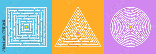 Maze, labyrinth game set. Find the way or exit puzzle. Vector illustration.