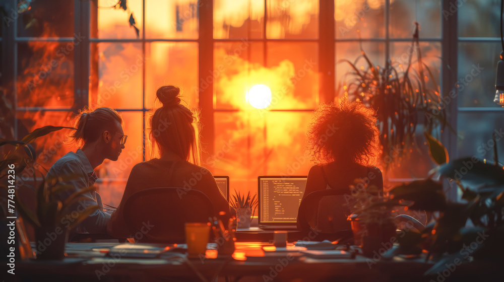 Silhouettes of workers in the office at sunset, view from the back. Silhouettes of workers in the office at sunset, view from the back.