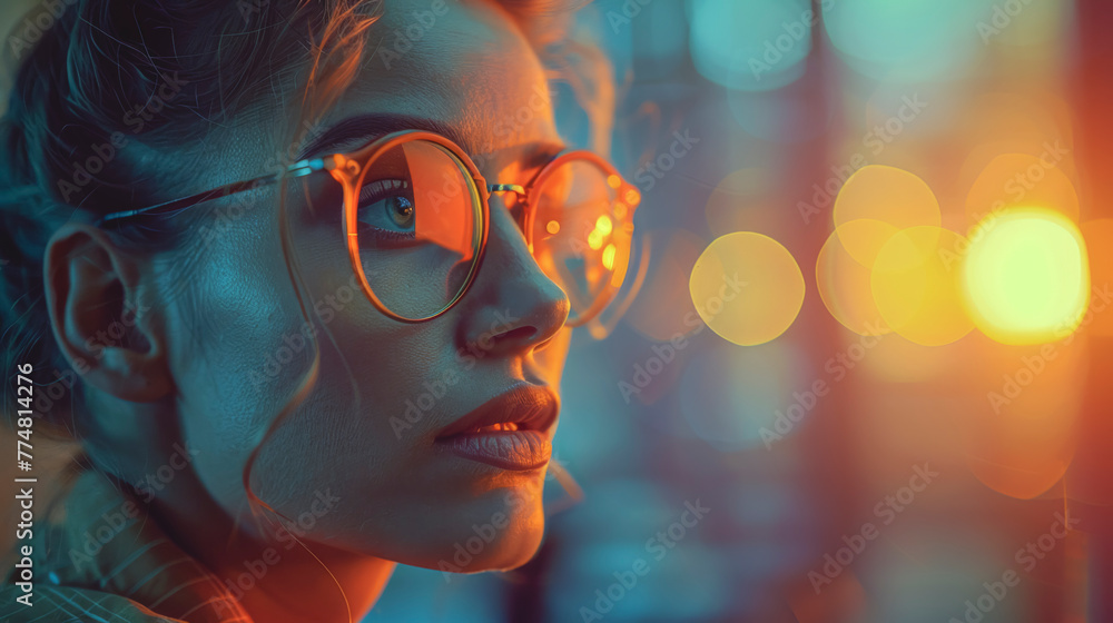 Close-up of a woman with glasses looking intently at a computer screen. Close-up of a woman with glasses looking intently at a computer screen.