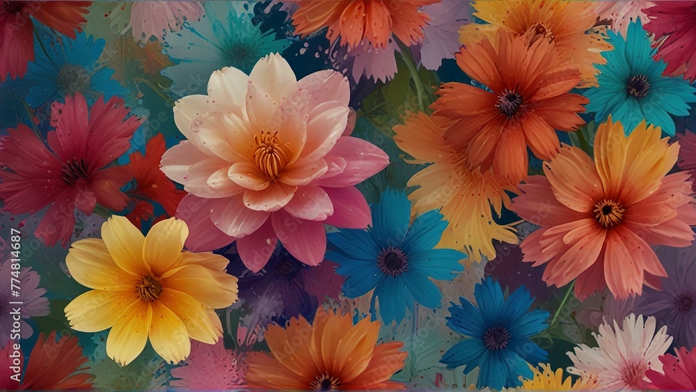 A Colorful arrangement of flowers with liquid splashes. Generative ai

