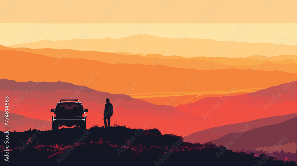 Man by car on mountain at sunrise flat vector isolated