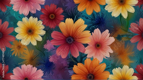 A Colorful arrangement of flowers with liquid splashes. Generative ai
 photo