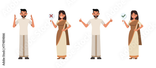 Set of Indian Businessman and businesswoman holding check mark and cross signs character vector design. Presentation in various action. People working in office planning and thinking.