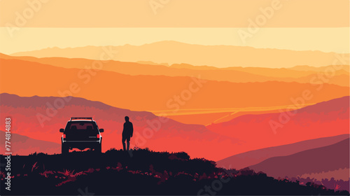 Man by car on mountain at sunrise flat vector isolated