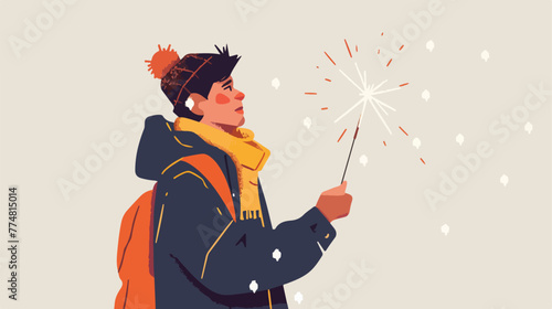 Man holding new years eve fire sparkler flat vector