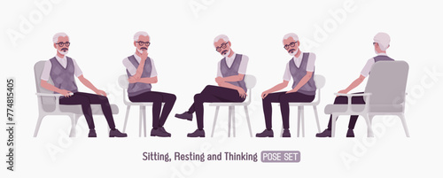 Retired old active senior man set chair sit pose, nice elderly person, handsome grey hair grandfather in classic outfit, experienced worker. Elegant white beard and dark moustache. Vector illustration