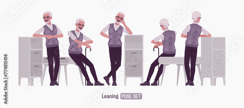 Retired old active senior man set lean furniture pose, nice elderly person handsome grey hair grandfather classic outfit, experienced worker. Elegant white beard, dark moustache. Vector illustration