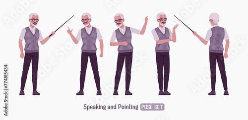 Retired old active senior man set stand point pose, nice elderly person, handsome grey hair grandfather in classic outfit, experienced teacher. Elegant white beard, dark moustache. Vector illustration