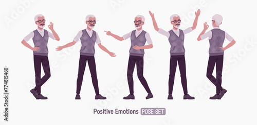 Retired old active senior man set positive emotions, happy pose, nice elderly person, handsome grey hair grandfather in classic outfit. Elegant white beard and dark moustaches. Vector illustration